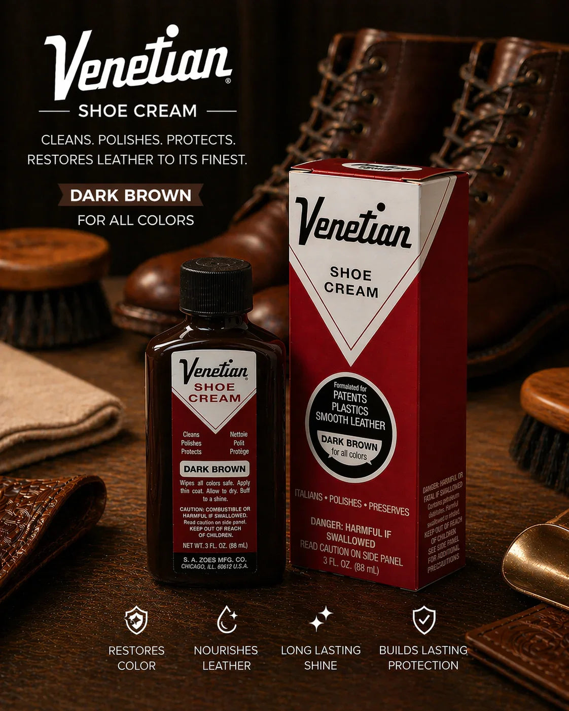 Venetian Shoe Cream dark brown bottle and box with leather boots, shoe brushes, and cloth.