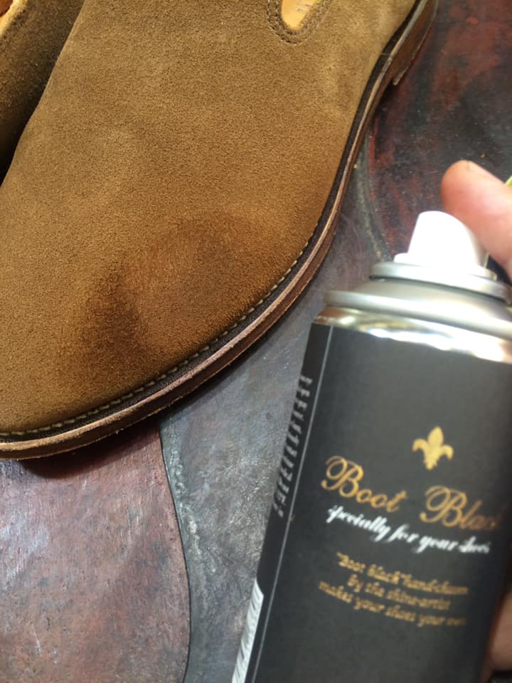 Boot Black Suede & Nubuck Cleaner – 180 mL — spray can beside a brown suede boot