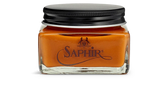 Saphir leather care cream in glass jar with black lid, premium shoe polish for conditioning and shine