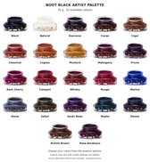 Boot Black Artist Palette — 22 available colour options on a white background; official manufacturer colour samples