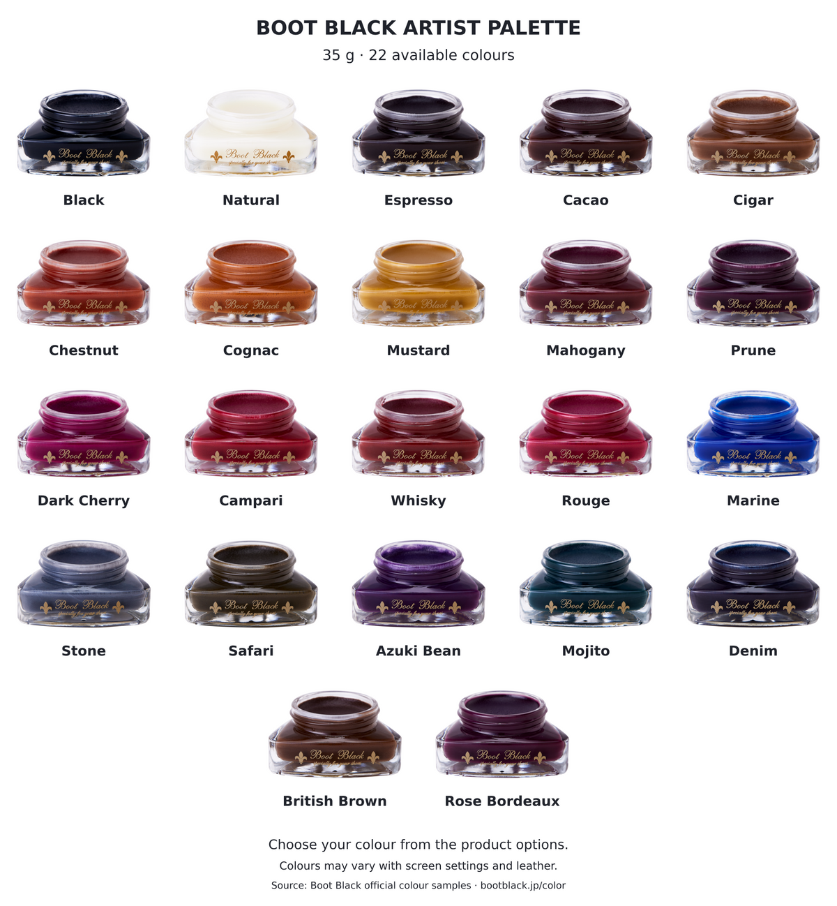 Boot Black Artist Palette — 22 available colour options on a white background; official manufacturer colour samples