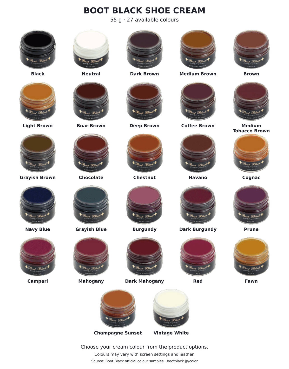 Boot Black Shoe Cream 55 g — 27 available colour options on a white background; official manufacturer colour samples