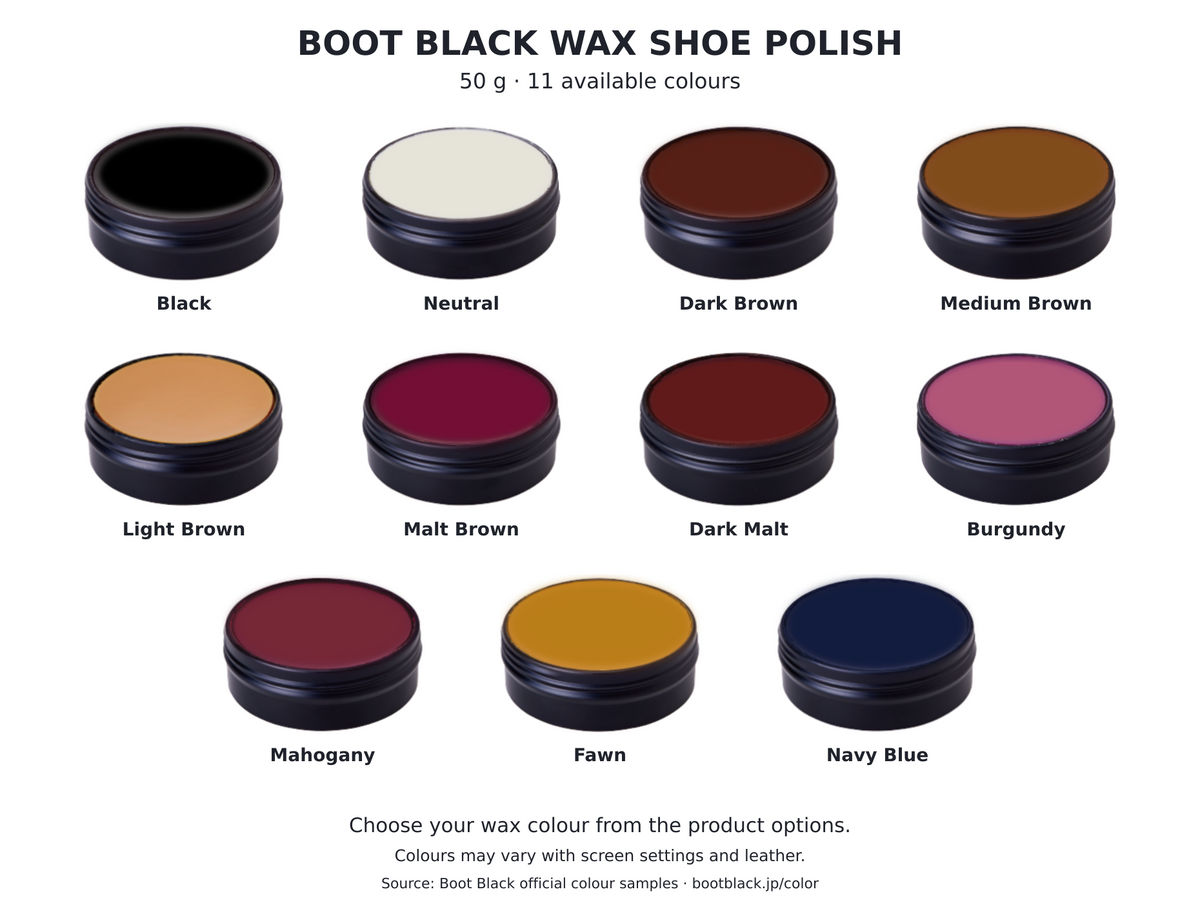 Boot Black Wax Shoe Polish 50 g — 11 available colour options on a white background; official manufacturer colour samples