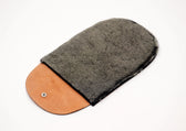 Grey wool shoe shine mitt with tan leather backing for leather care and polishing