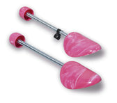 Pink marbled shoe trees with adjustable metal rods for leather shoe care and storage