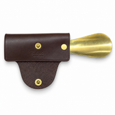 Columbus Leather & Brass Shoehorn — Dark Brown — Columbus logo, open view