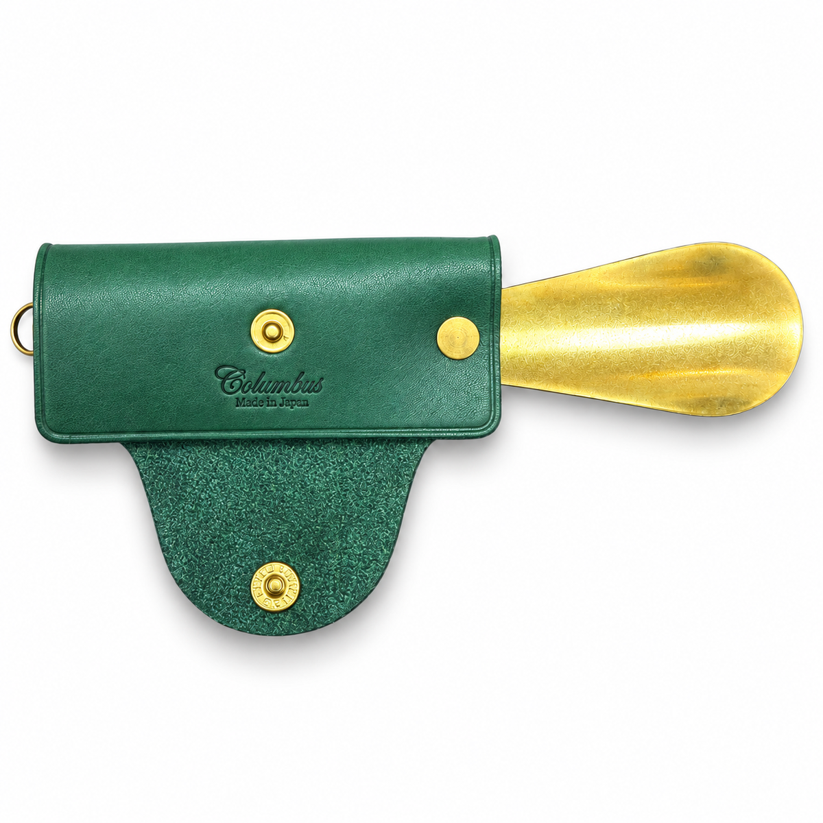 Columbus Leather & Brass Shoehorn — Green — Columbus logo, open view