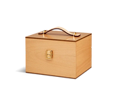 Wooden shoe care box with leather handle and brass latch for storing leather conditioning products