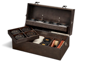 Luxury leather care kit with Saphir shoe polish, brushes, and balm in wooden box for shoe restoration