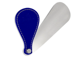 Blue leather-handled shoe shine brush with metal blade for leather shoe care and mirror shine