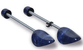Blue marbled shoe trees with adjustable metal rods for leather shoe care and shape preservation