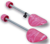 Pink marbled shoe trees with adjustable metal rods for leather shoe care and shape retention