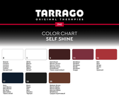 Tarrago Self Shine leather color chart with shades like Neutral, White, Dark Brown, Red, Navy, Black, and Medium Brown for shoe and leather care.