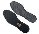 Black leather insoles with gold logo, designed for shoe comfort and support