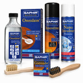 Saphir Beauté du Cuir suede kit with brass brush, Omnidaim and application brush, Renovétine, Nano Invulner and Gommadin