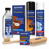 Saphir Beauté du Cuir suede kit with crepe brush, Omnidaim and application brush, Renovétine, Nano Invulner and Gommadin