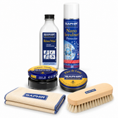 Saphir Beauté du Cuir leather kit with white bristle brush, Réno’Mat, Crème Surfine, Pâte de Luxe, cotton cloth and Nano Invulner