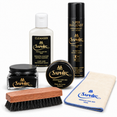 Saphir Médaille d’Or leather kit with Cleanser, Crème 1925, Pâte de Luxe, Black Bristle Polishing Brush, Cotton Cloth and Super Invulner with gold lettering