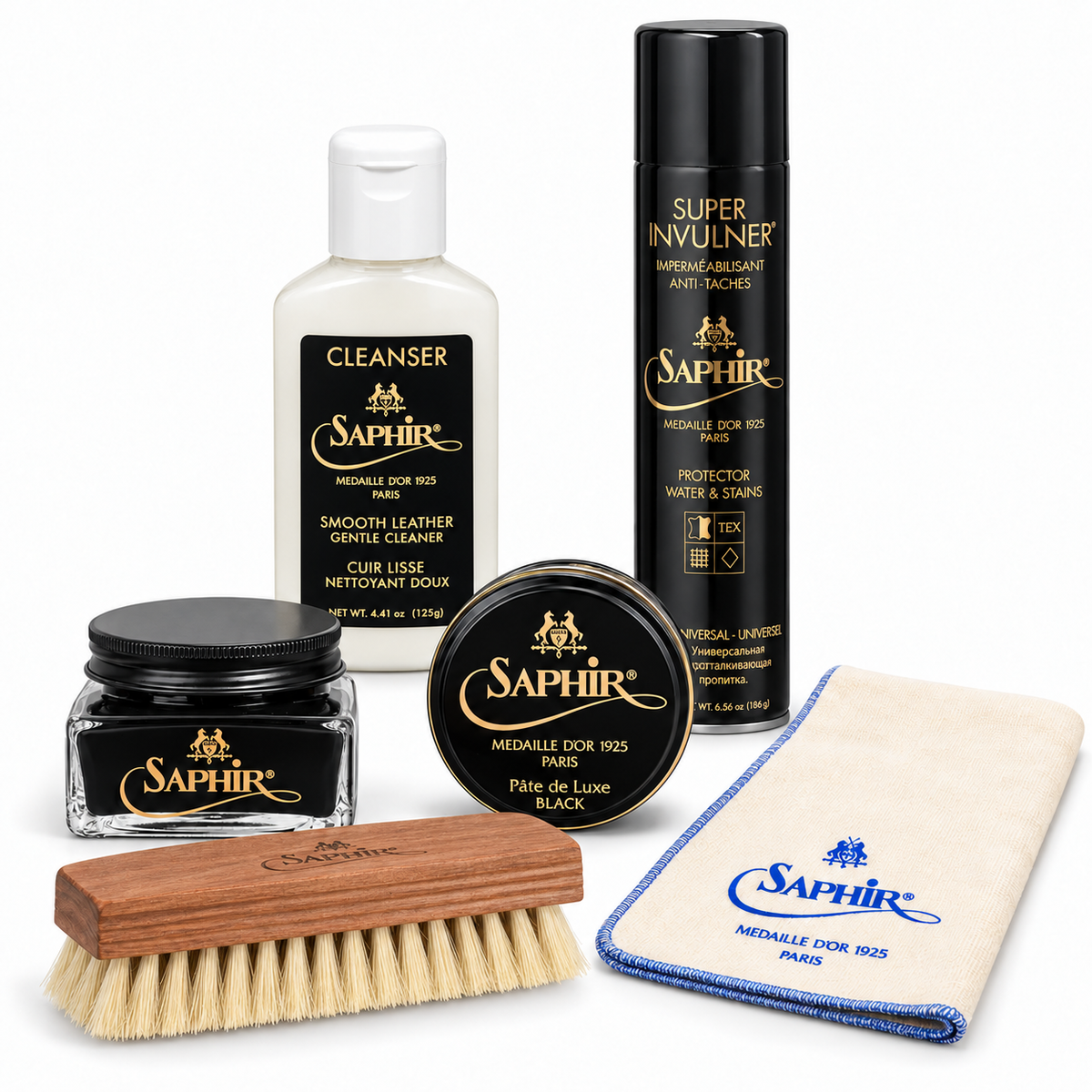 Saphir Médaille d’Or leather kit with Cleanser, Crème 1925, Pâte de Luxe, White Bristle Polishing Brush, Cotton Cloth and Super Invulner with gold lettering
