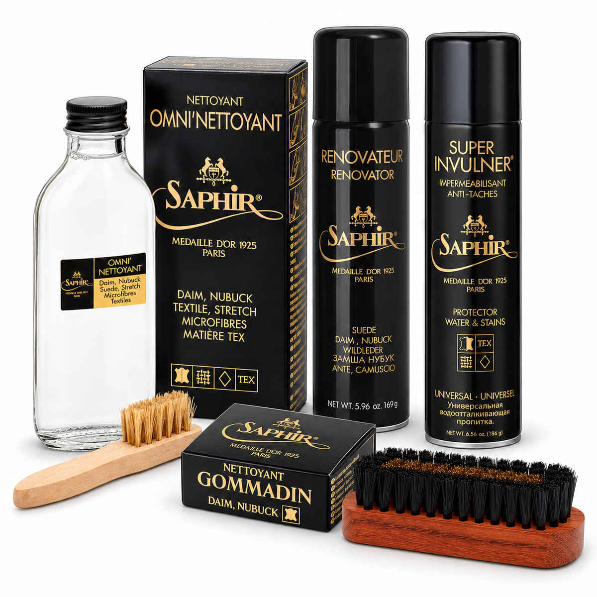 Saphir Médaille d’Or suede kit with Brass Brush, Omni’Nettoyant and application brush, Renovateur, Super Invulner and Gommadin; gold label lettering