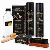 Saphir Médaille d’Or suede kit with Brass Brush, Omni’Nettoyant and application brush, Renovateur, Super Invulner and Gommadin; gold label lettering