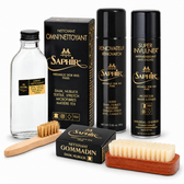 Saphir Médaille d’Or suede kit with Crepe Brush, Omni’Nettoyant and application brush, Renovateur, Super Invulner and Gommadin; gold label lettering