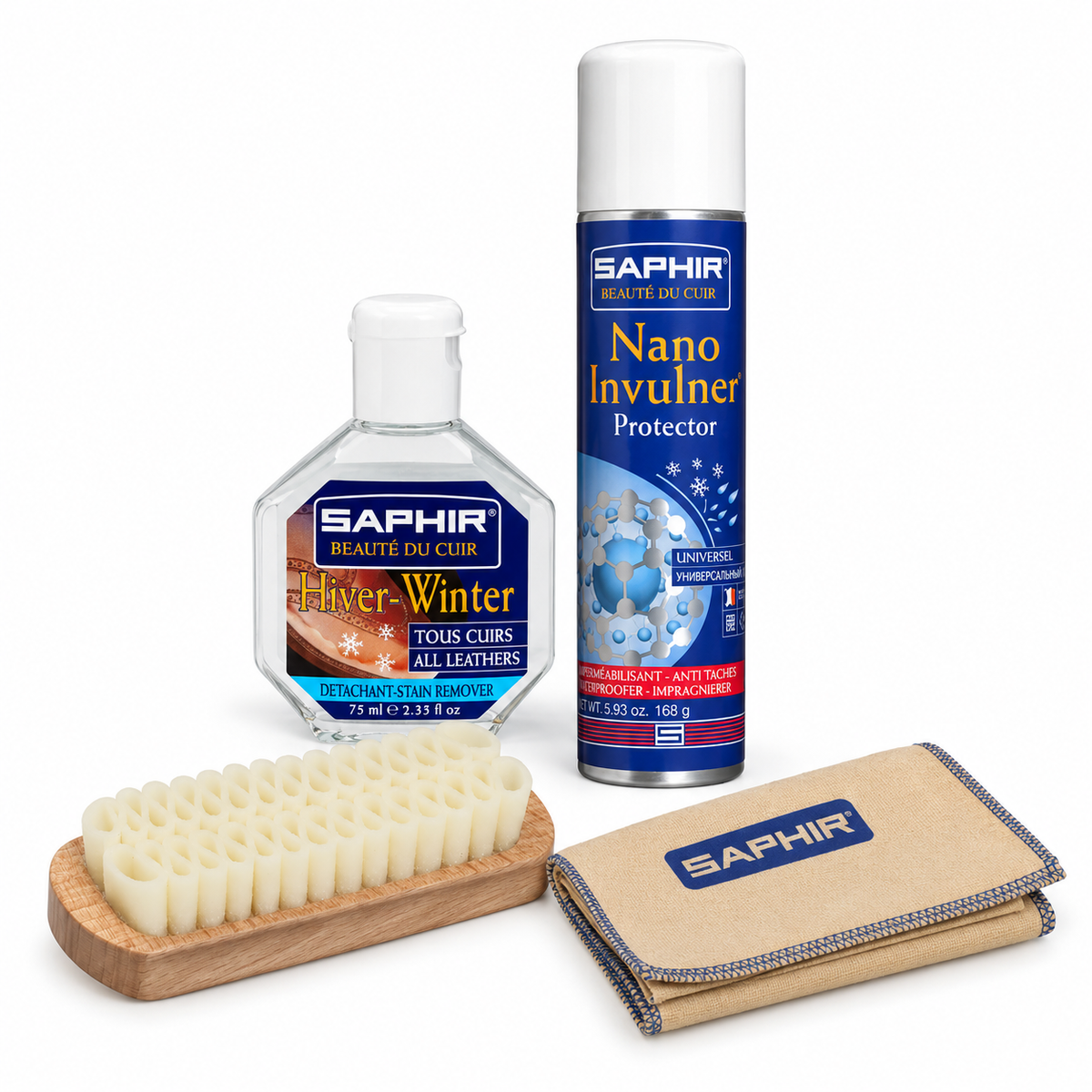 Saphir winter suede and nubuck kit with Hiver, Nano Invulner, one crepe brush and one cotton cloth