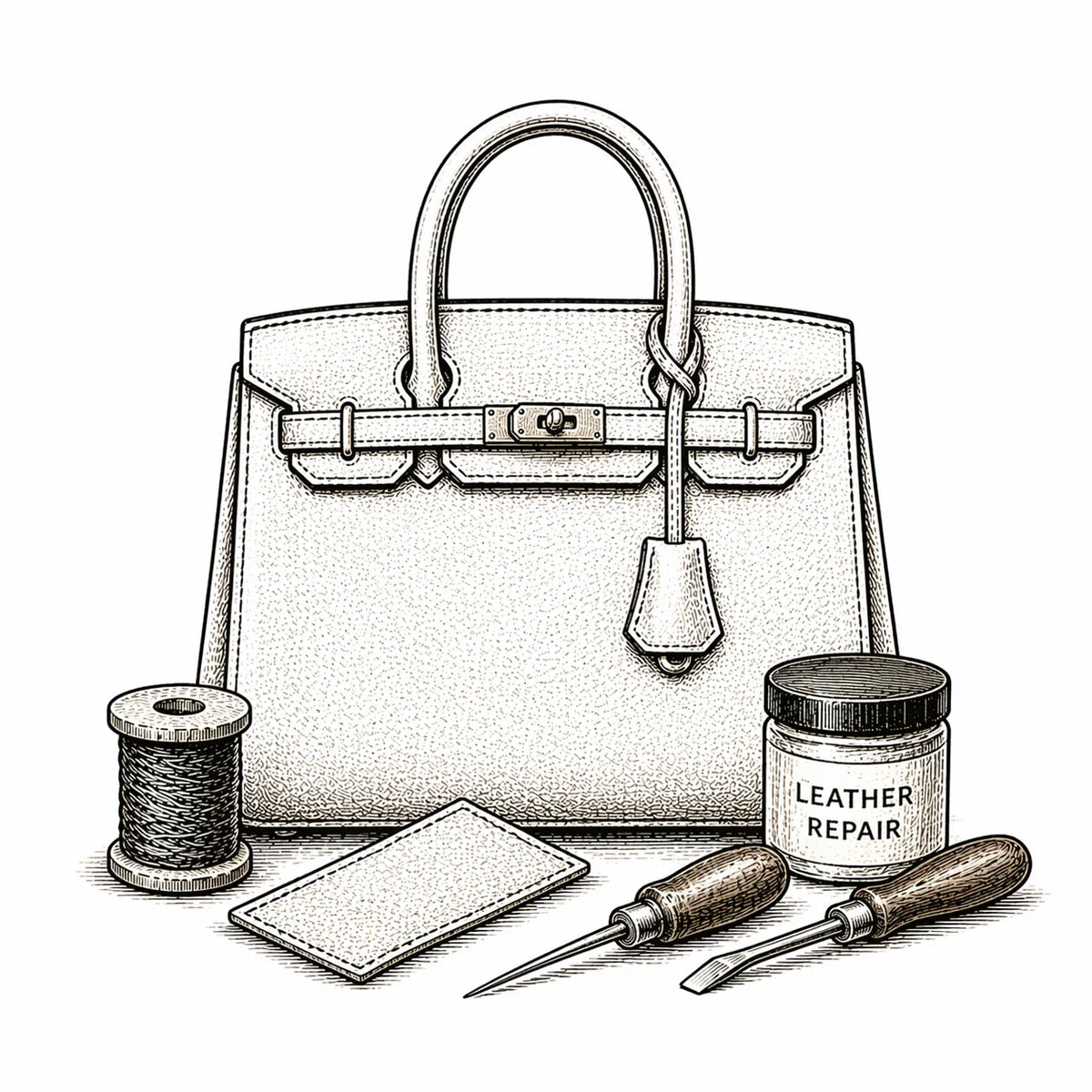 Illustration of a handbag with leather repair cream, thread and tools.