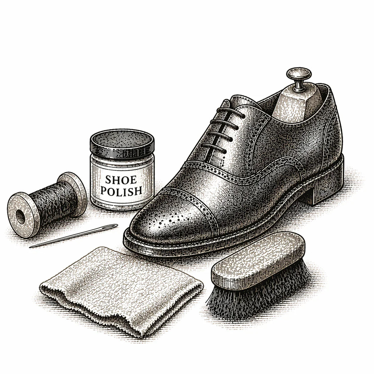 Illustration of a leather shoe, polish, brush, cloth and thread.