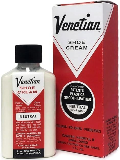Venetian Shoe Cream bottle and box for leather care, neutral color, for smooth leather shoes