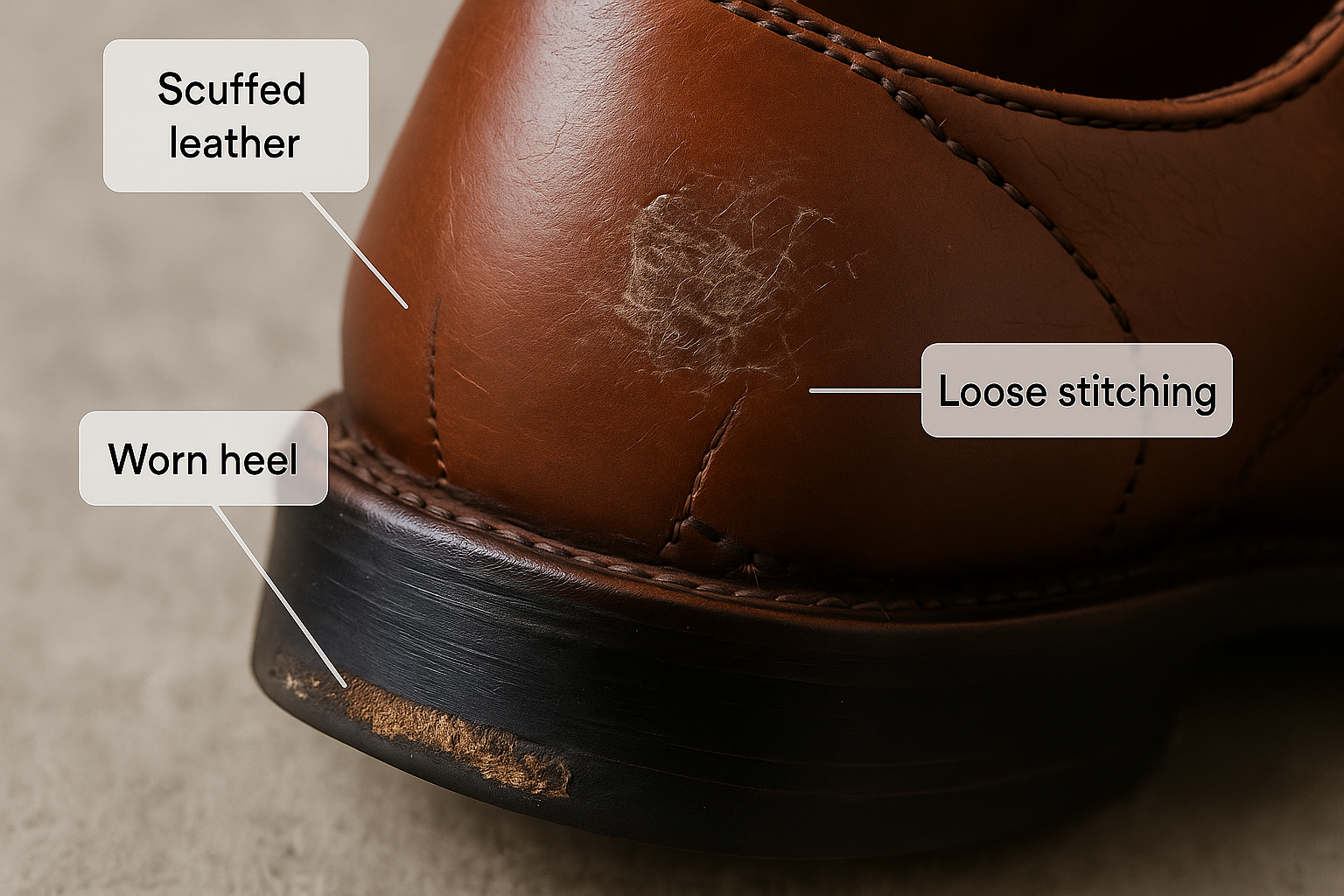 Common repairable shoe damage including worn heels, scuffs, and loose stitching