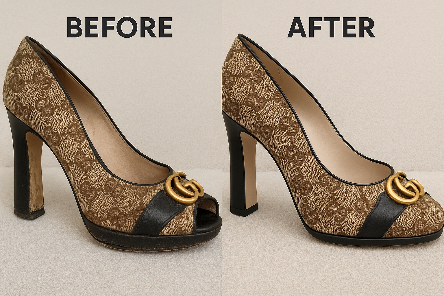 Damaged designer shoes before and after professional repair showing heel and sole restoration