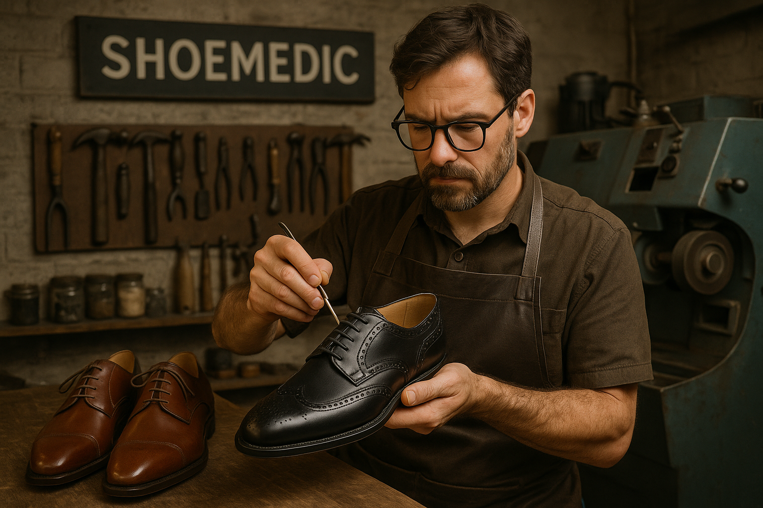 Professional cobbler at ShoeMedic workshop repairing designer shoes in Toronto