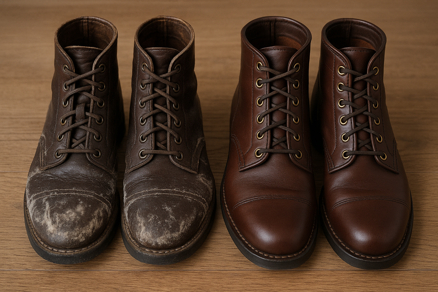 Salt-damaged leather boots compared to protected winter footwear