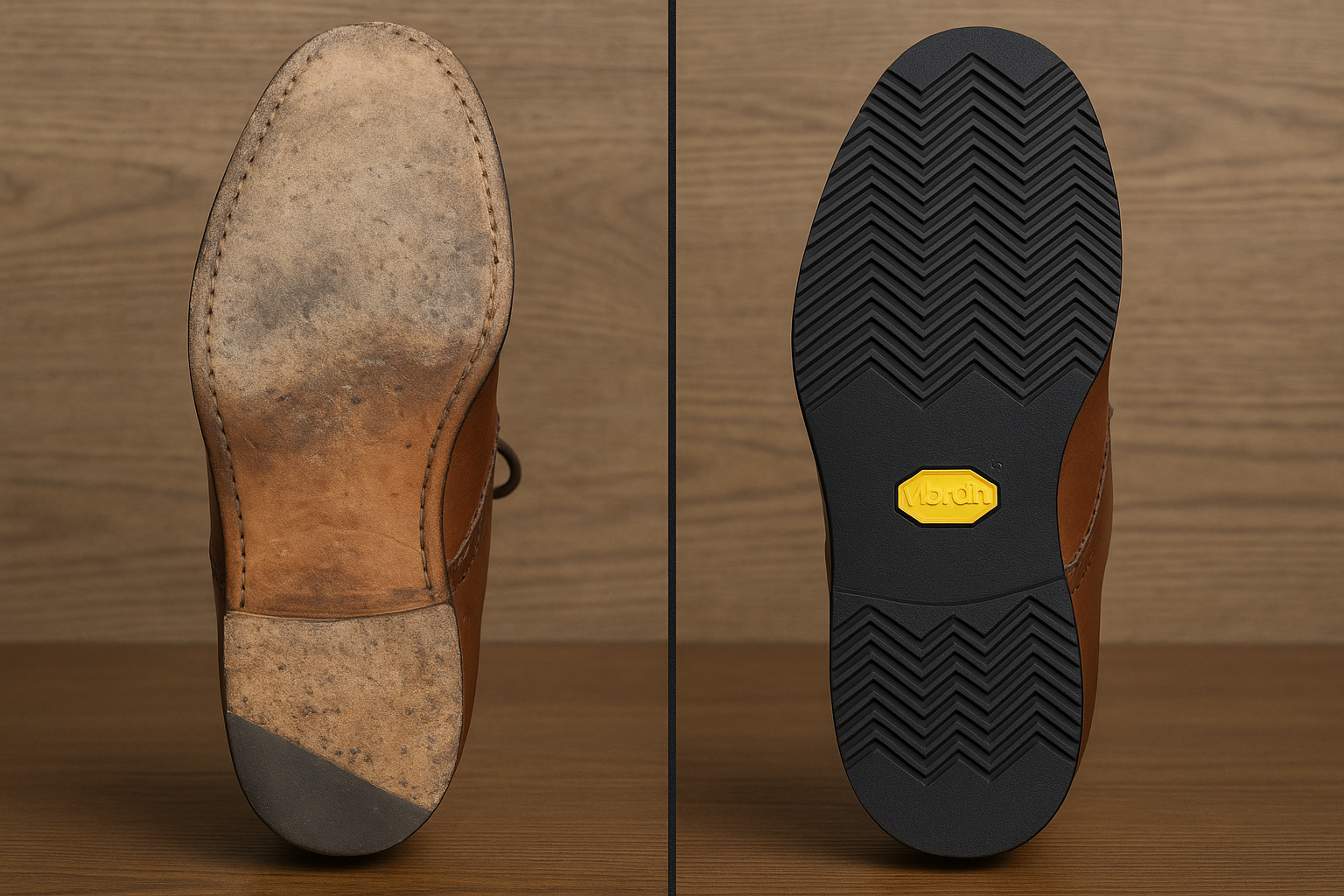 Before and after shoe sole repair showing Vibram replacement in Toronto