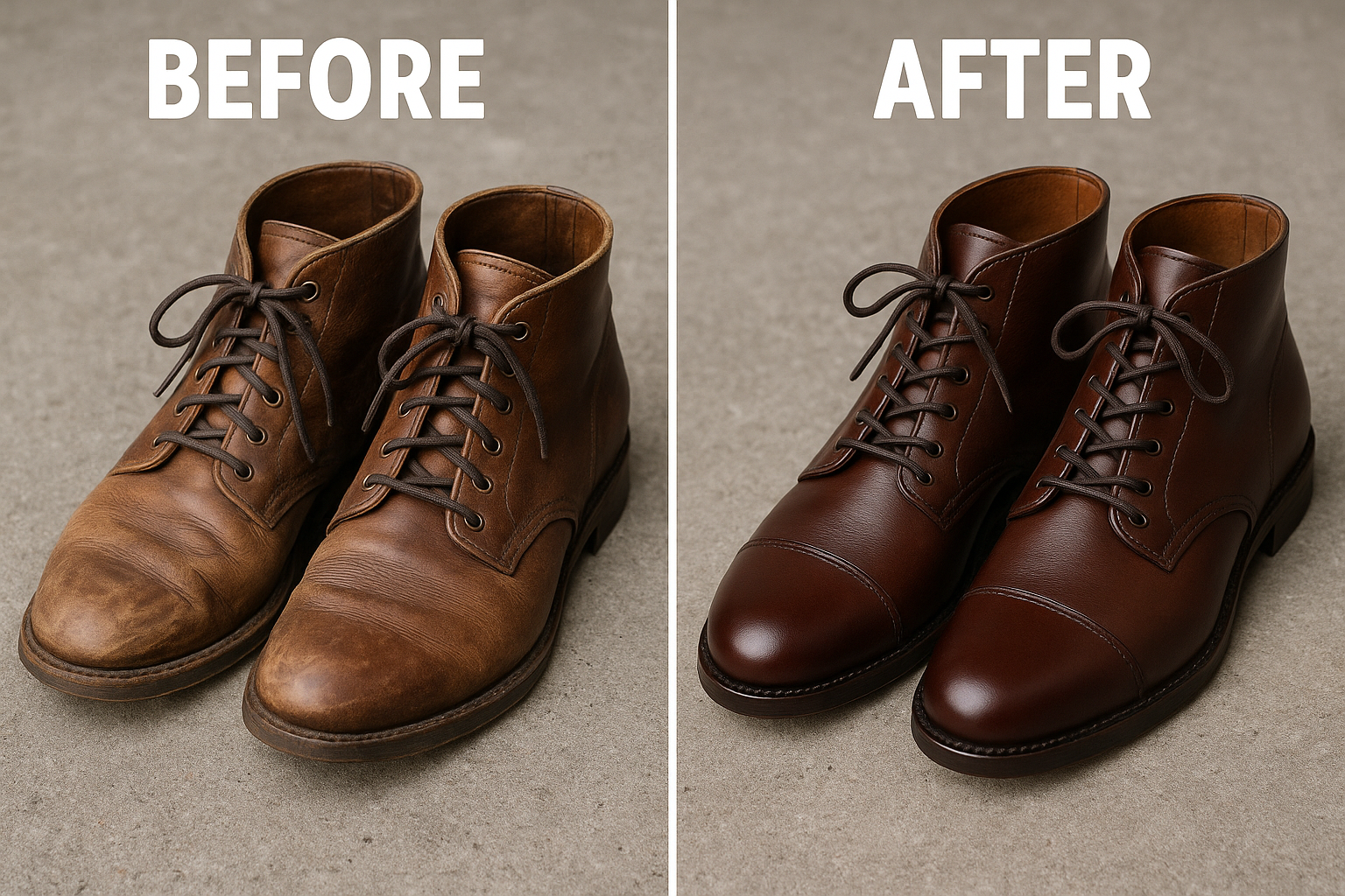 Before and after shot of expensive leather boots transformed through professional shoe repair in Toronto