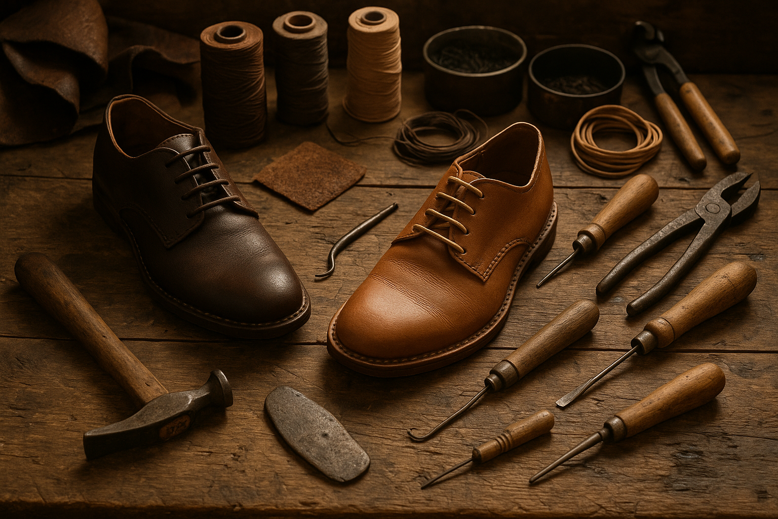 Toronto cobbler workbench with leather shoes and repair tools