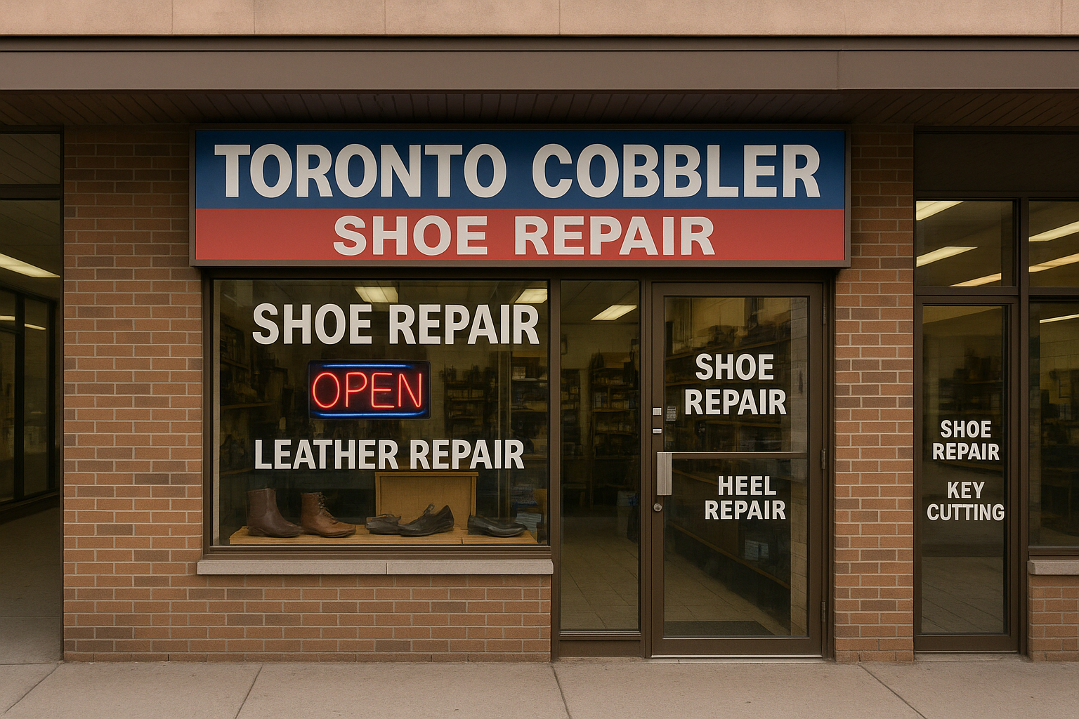 Toronto shoe repair shop storefront in local shopping plaza